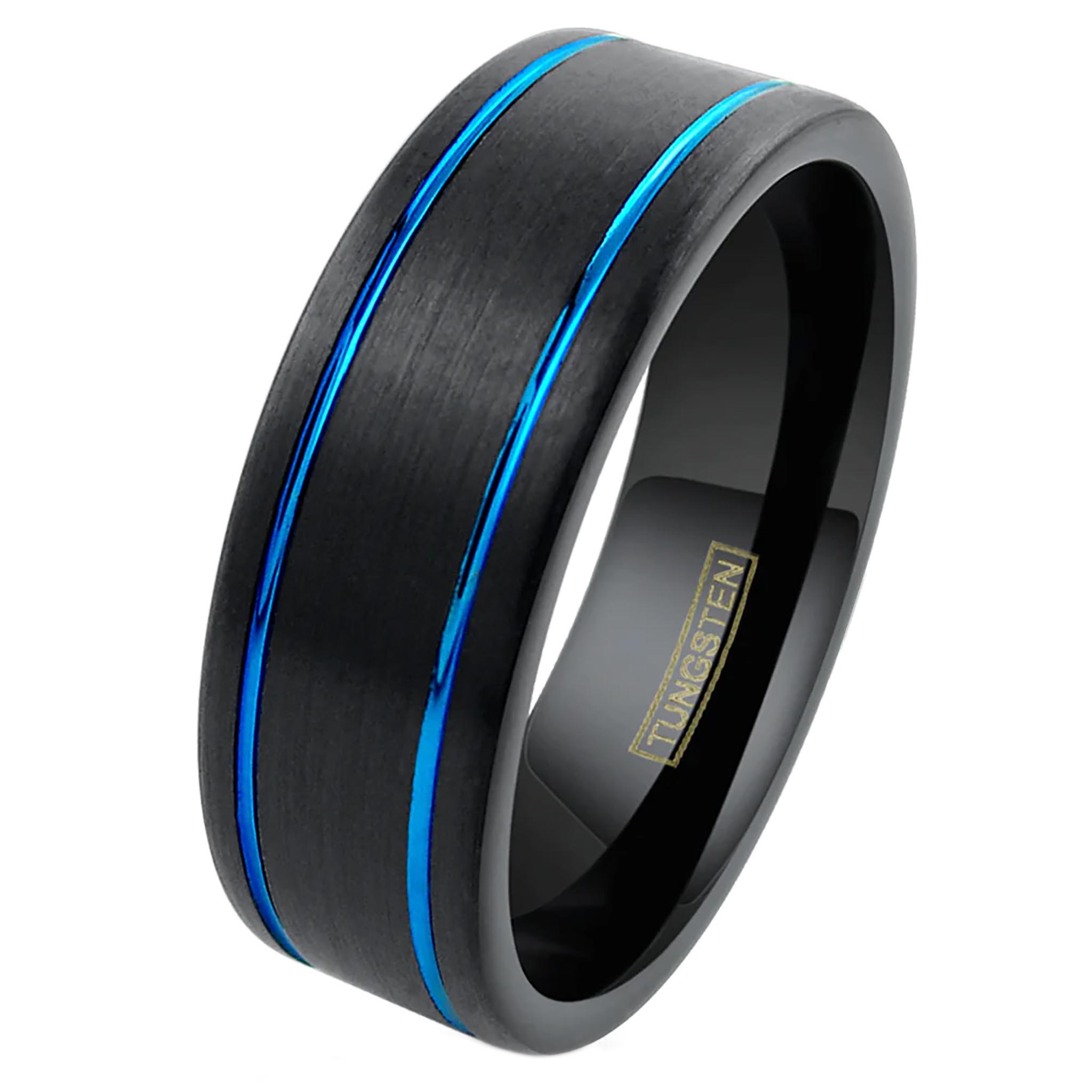 Dual Blue Striped Black Tungsten Ring