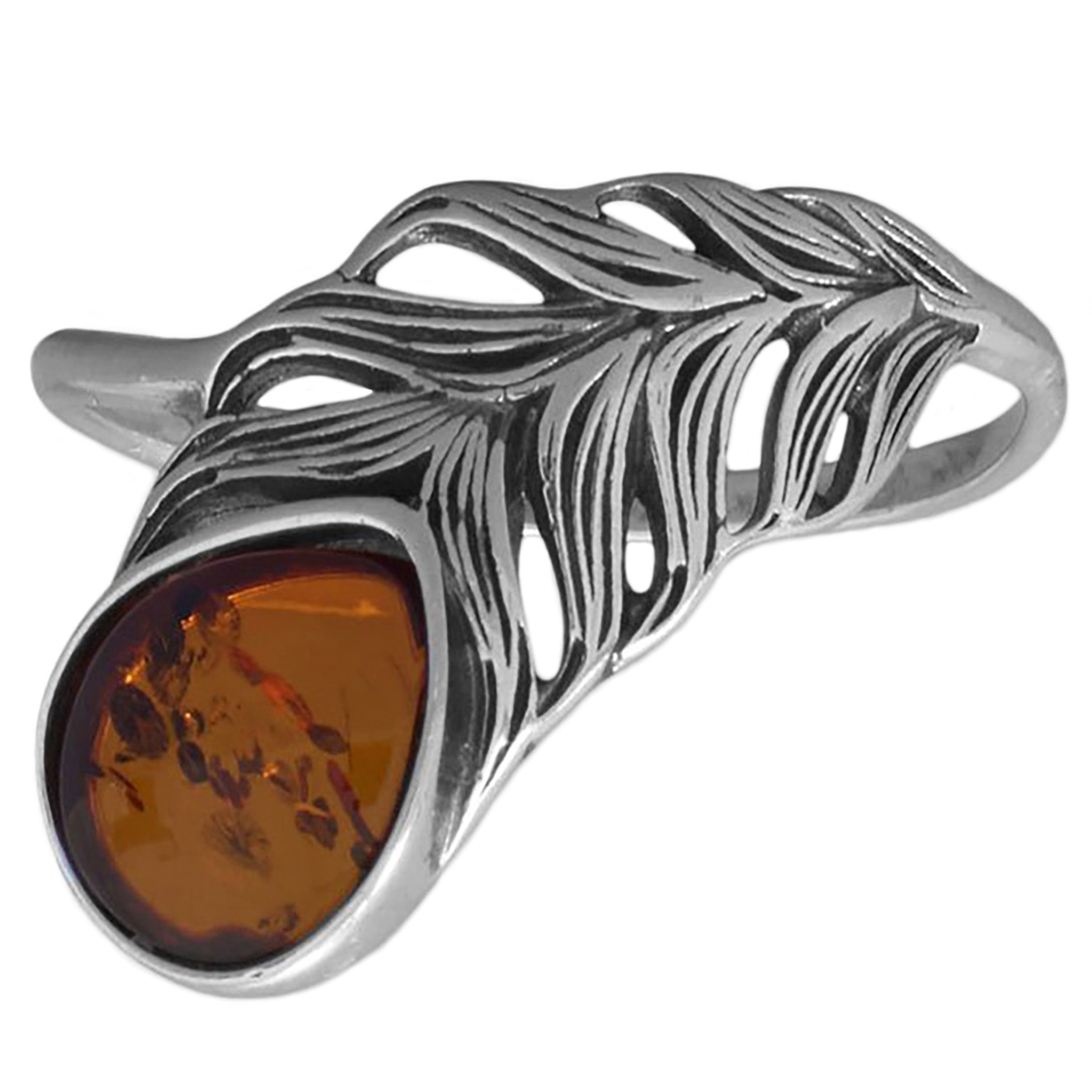 Feather Design Amber Ring