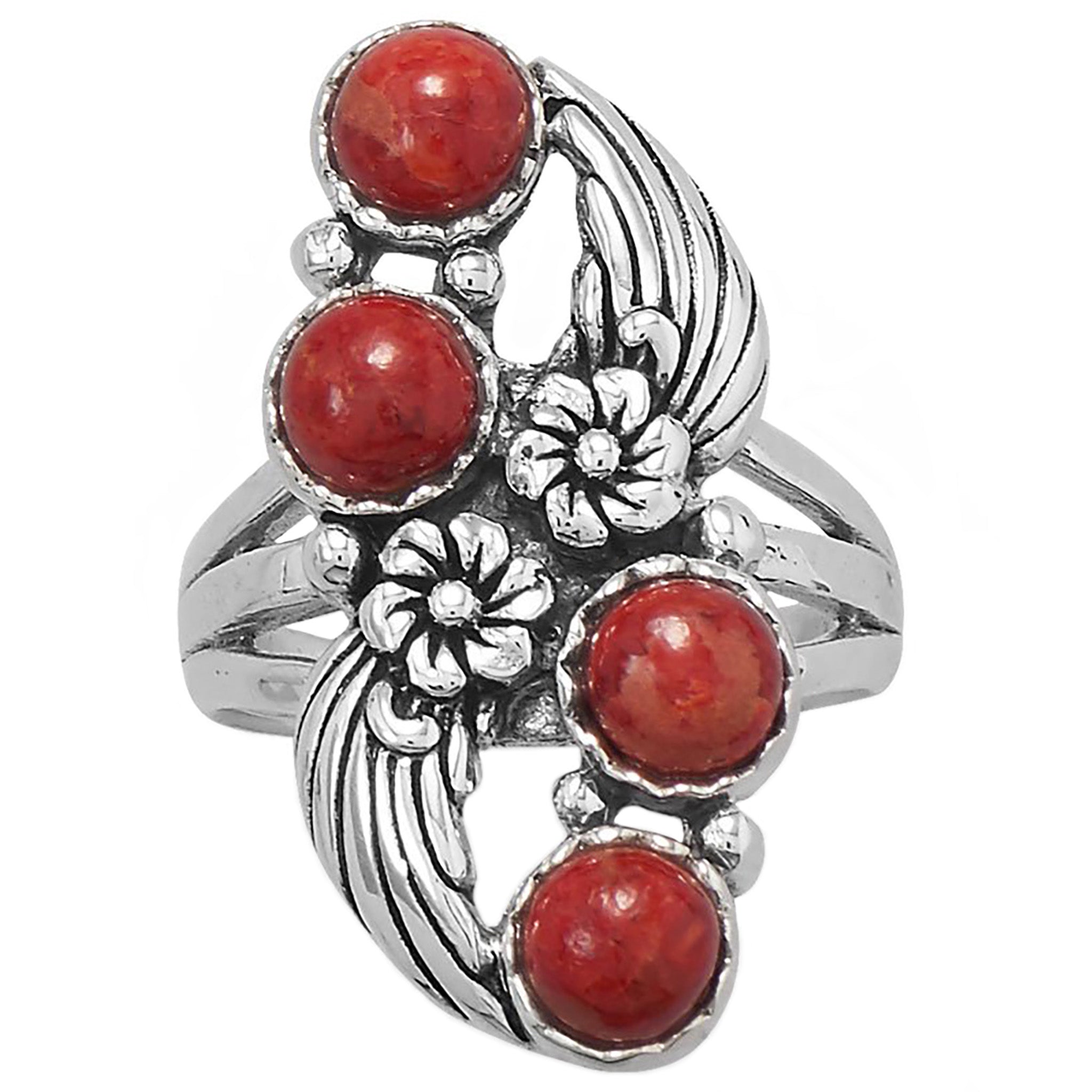 Floral Design Red Coral Ring