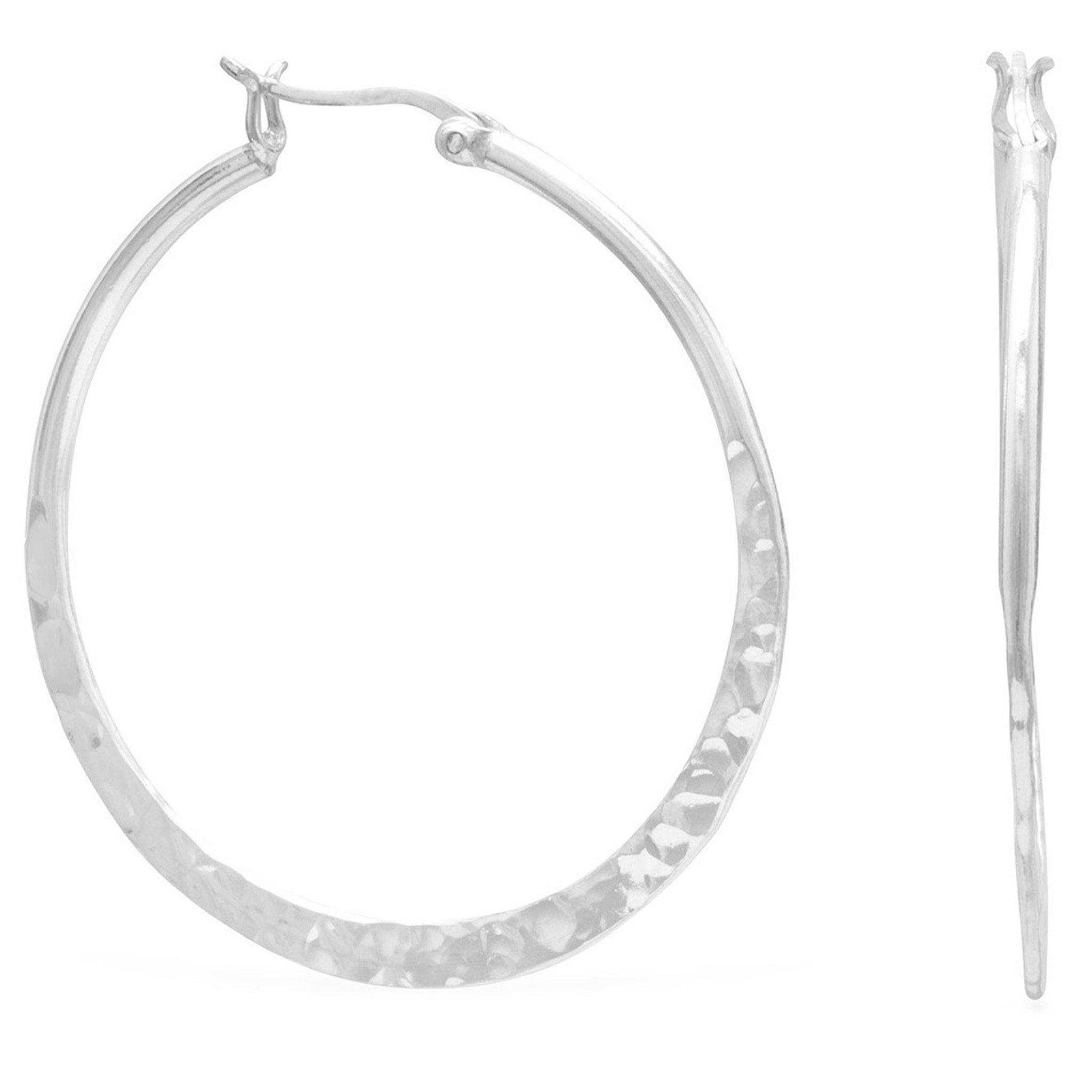 Hammered 42mm Silver Hoop Earrings