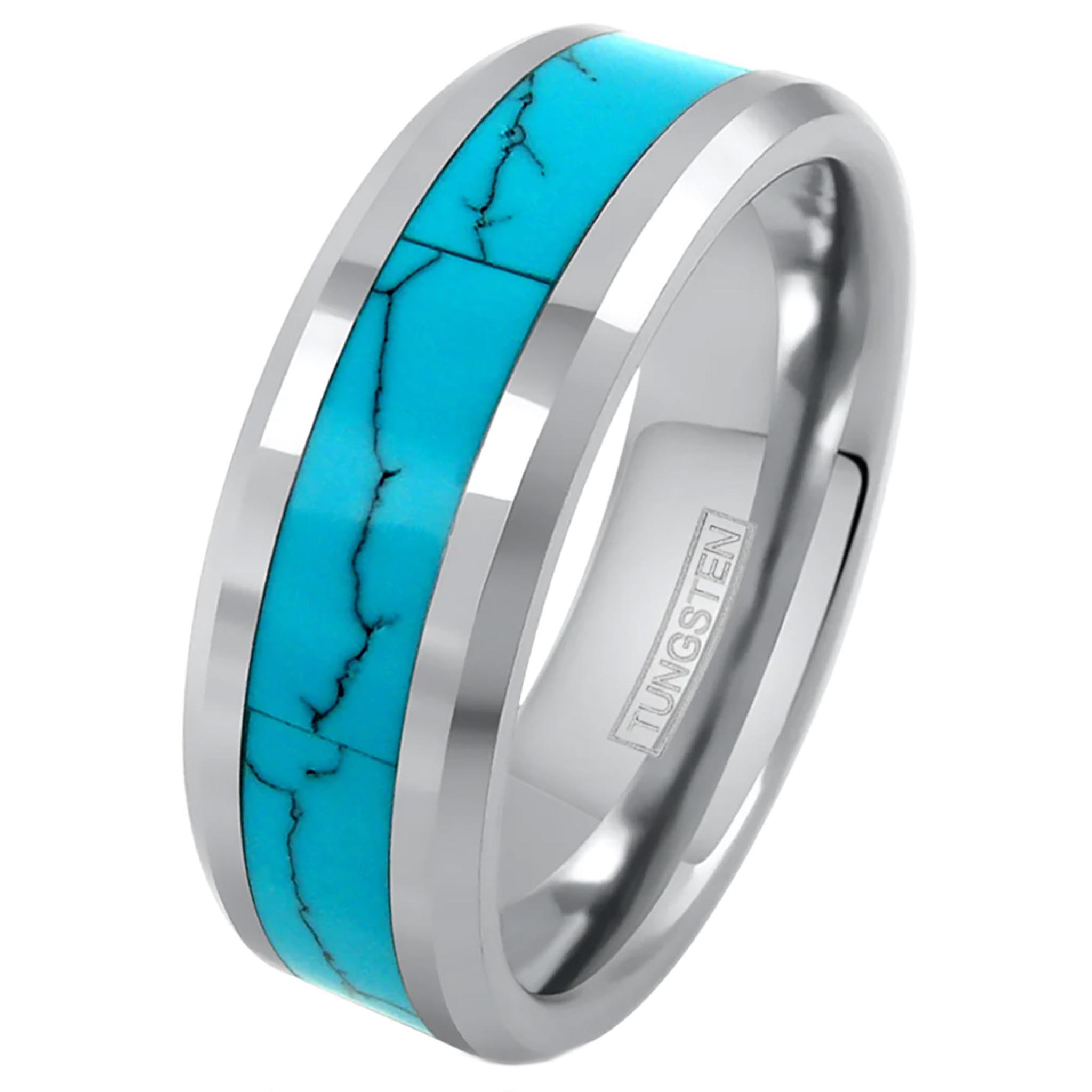 Polished Silver Turquoise Inlay Tungsten Ring