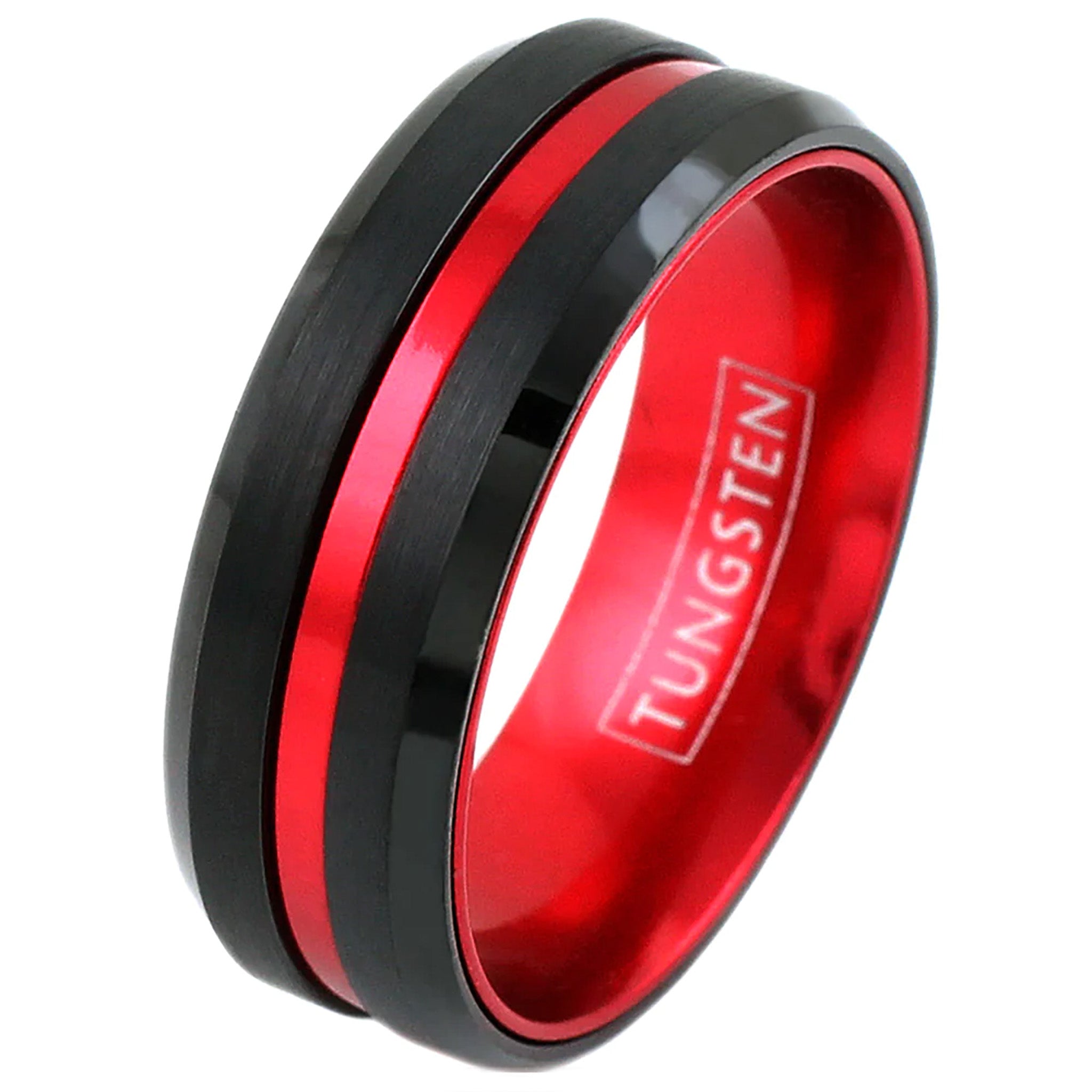Red Striped with Black Edged Tungsten Ring