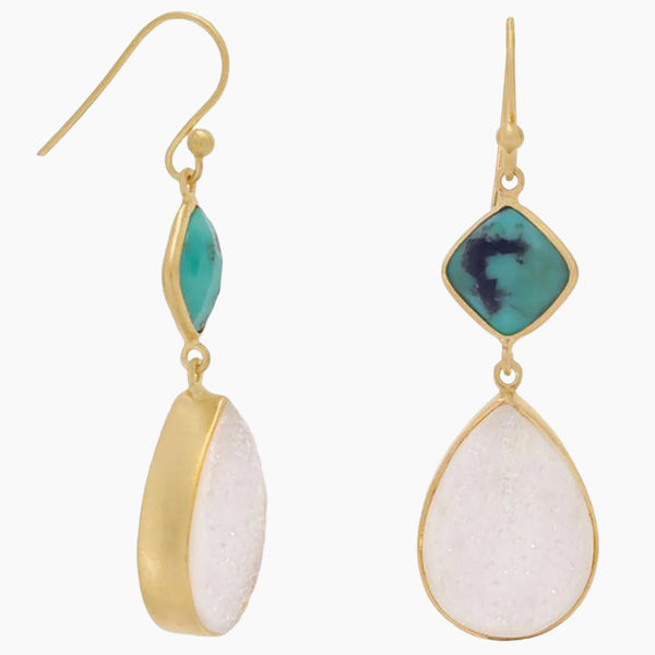 White Druzy and Stabilized Turquoise Earrings Gold-plated Sterling Silver White Druzy and Stabilized Turquoise Earrings Gold-plated Sterling Silver