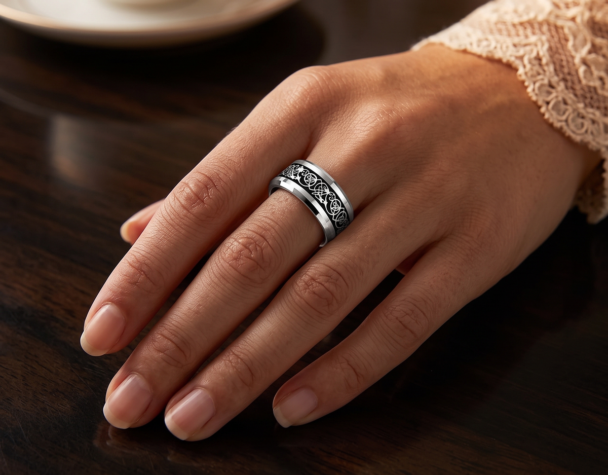 Silver Celtic Dragon on Black and Silver Tungsten Ring