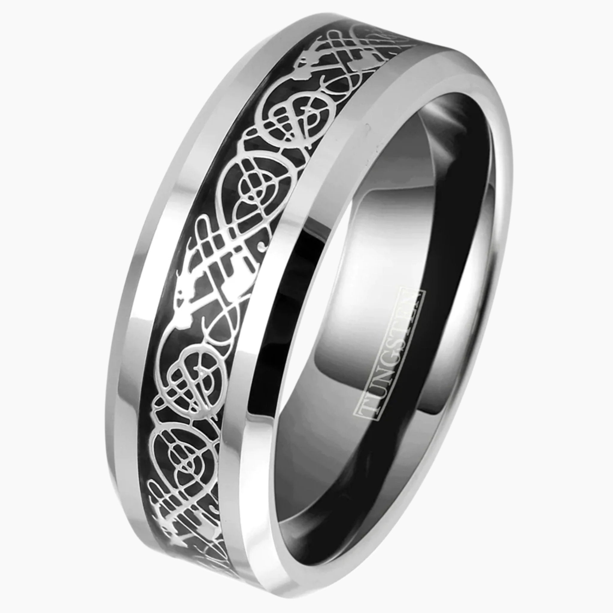 Silver Celtic Dragon on Black and Silver Tungsten Ring Blog