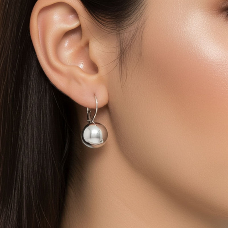 14mm Silver Ball Earrings On Ear