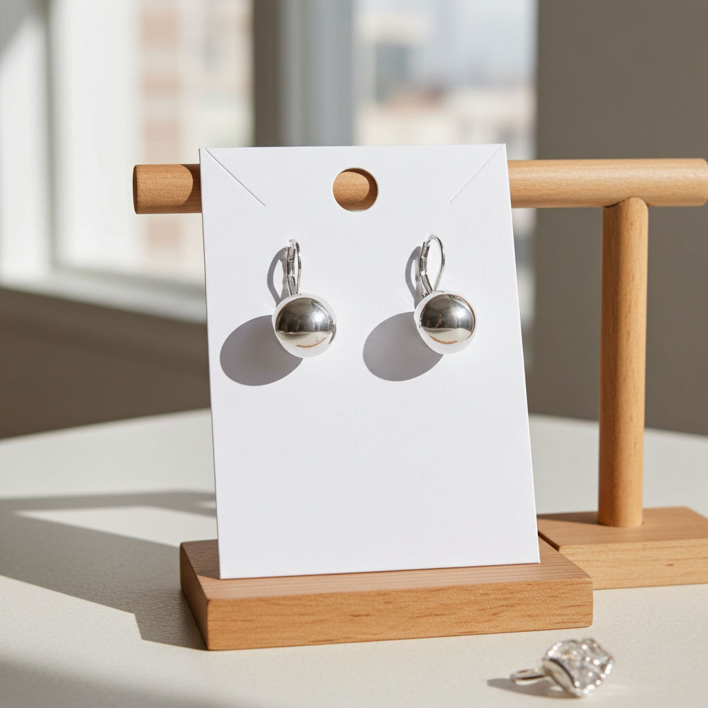 14mm Silver Ball Earrings on Earring Card Display