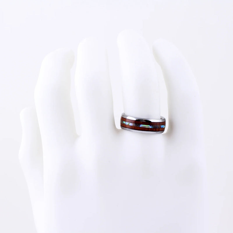 Abalone Shell and Koa Wood Tungsten Ring Hand Example