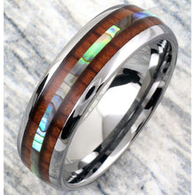 Abalone Shell and Koa Wood Tungsten Ring Top View