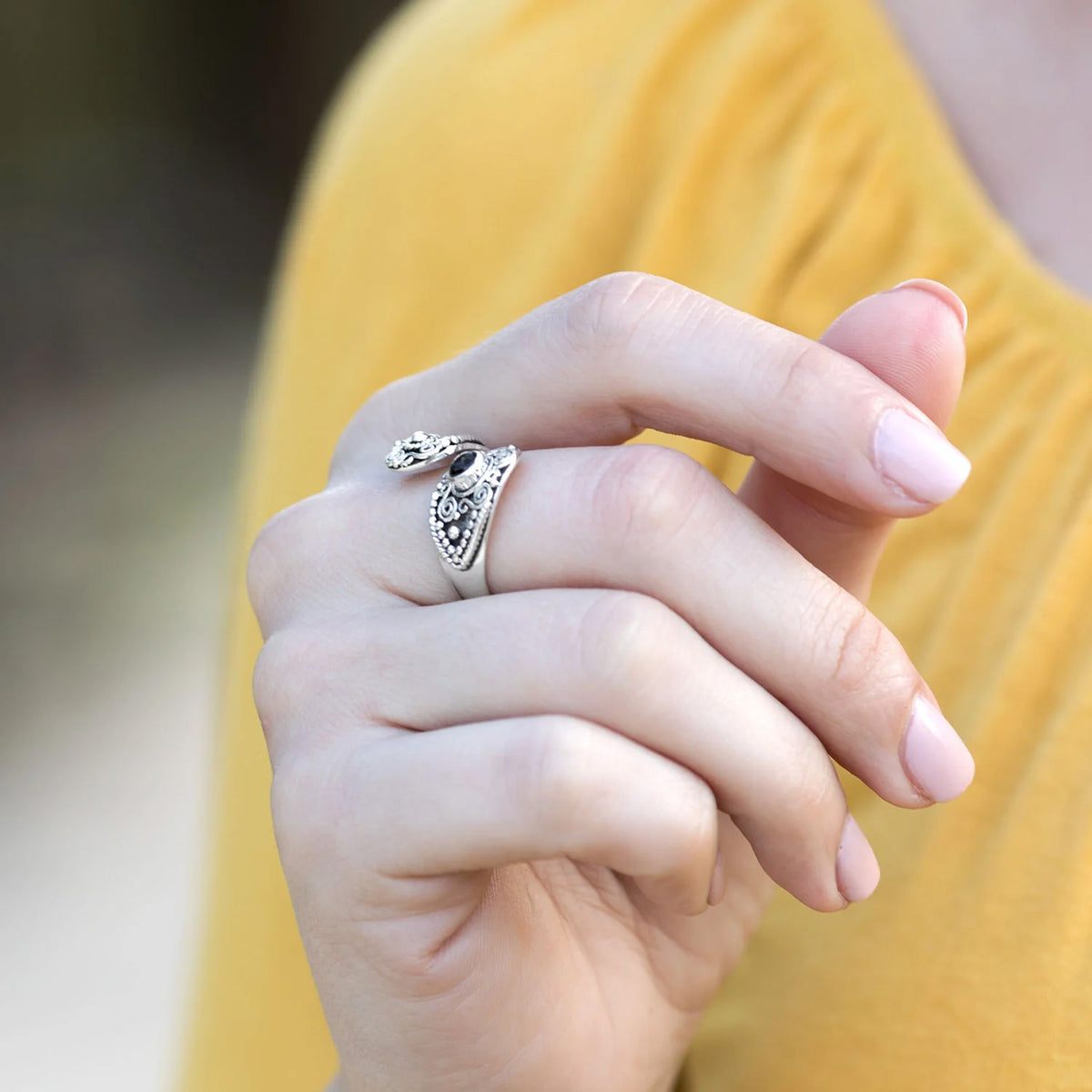 Adjustable Black Onyx Spoon Ring On Hand 2