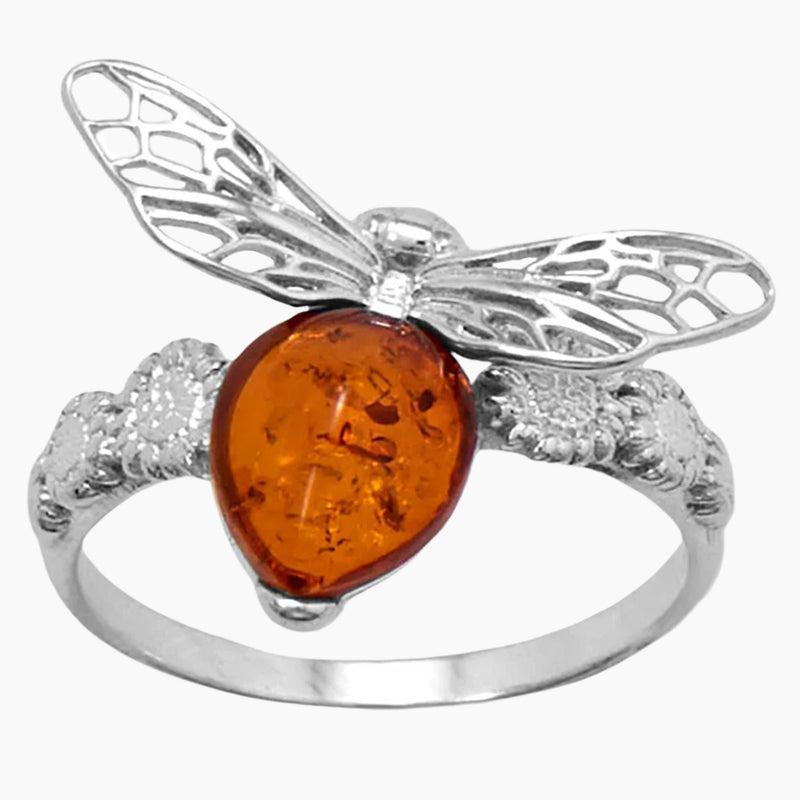 Amber Honey Bee on Flower Design Ring