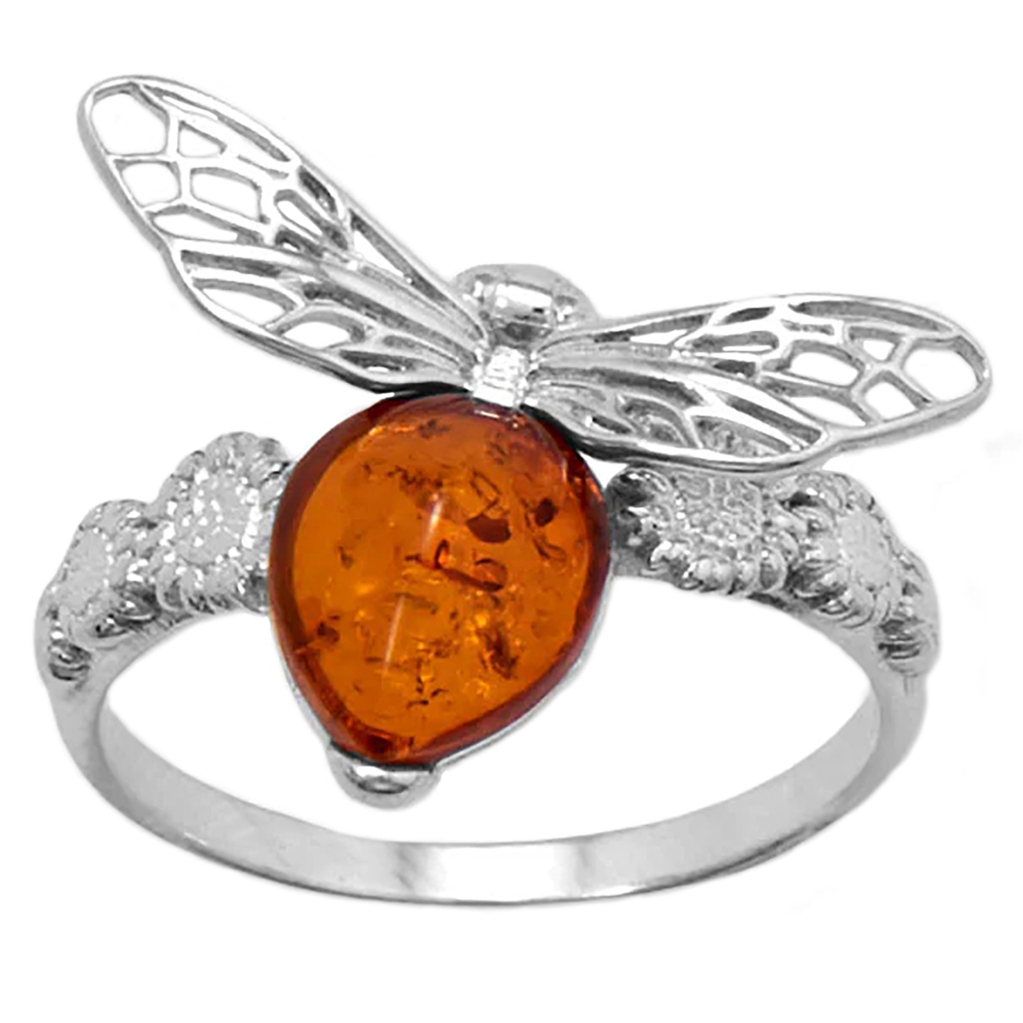 Amber Honey Bee on Flower Design Ring