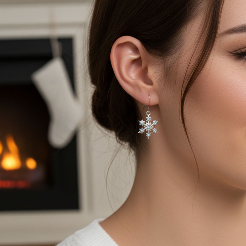 Aqua Crystal Snowflake Earrings on Ear