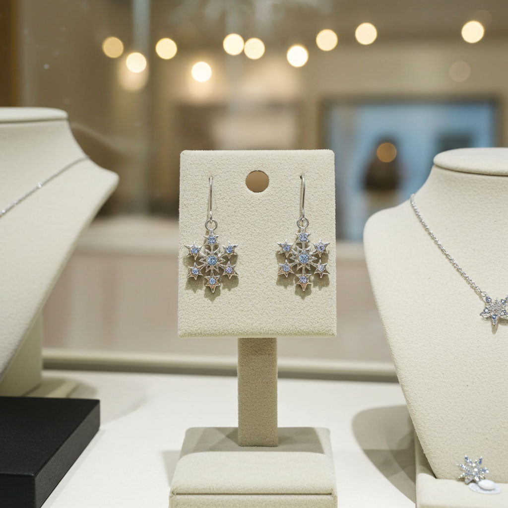 Aqua Crystal Snowflake Earrings on Earring Card Display