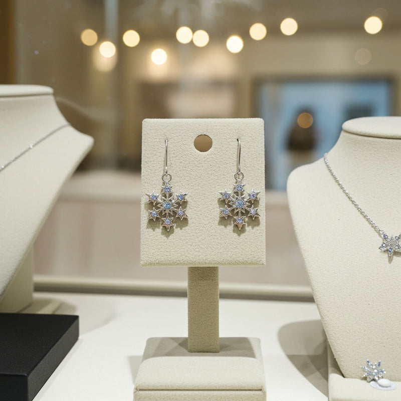Aqua Crystal Snowflake Earrings on Earring Card Display