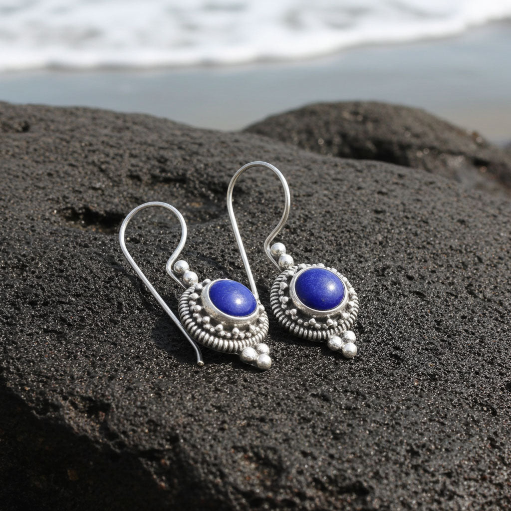 Bali Design Lapis Earrings on Beach Display