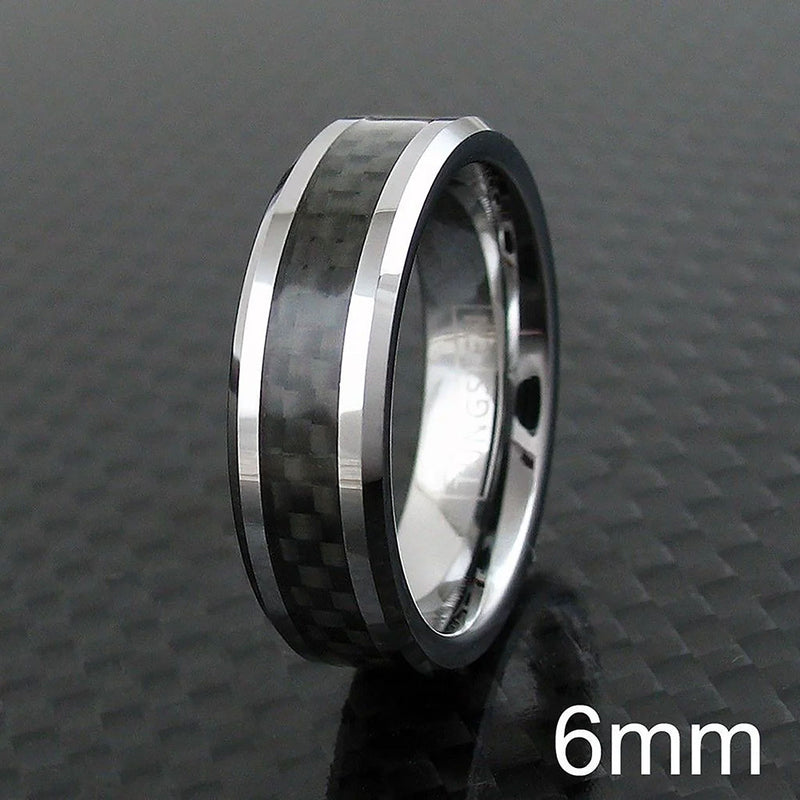 Black Carbon Fiber Inlay on Silver Tungsten Ring Front View