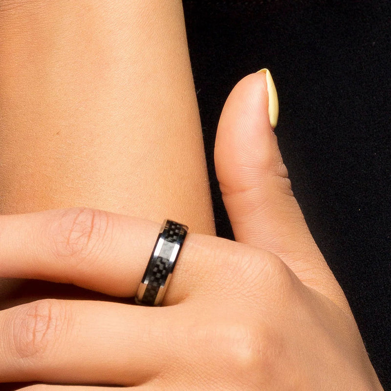 Black Carbon Fiber Inlay on Silver Tungsten Ring on Finger