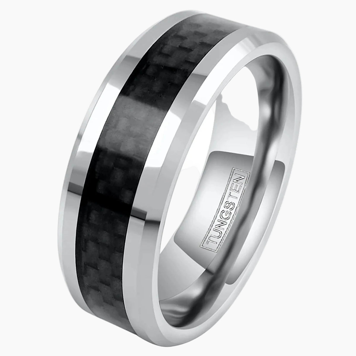 Black Carbon Fiber Inlay on Silver Tungsten Ring