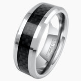 Black Carbon Fiber Inlay on Silver Tungsten Ring