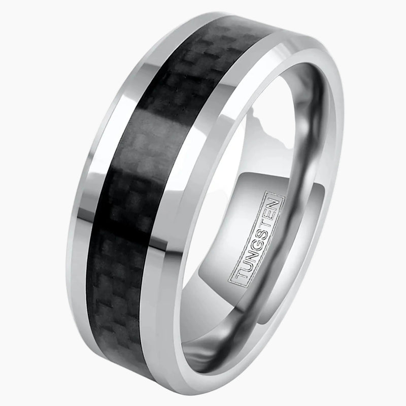 Black Carbon Fiber Inlay on Silver Tungsten Ring