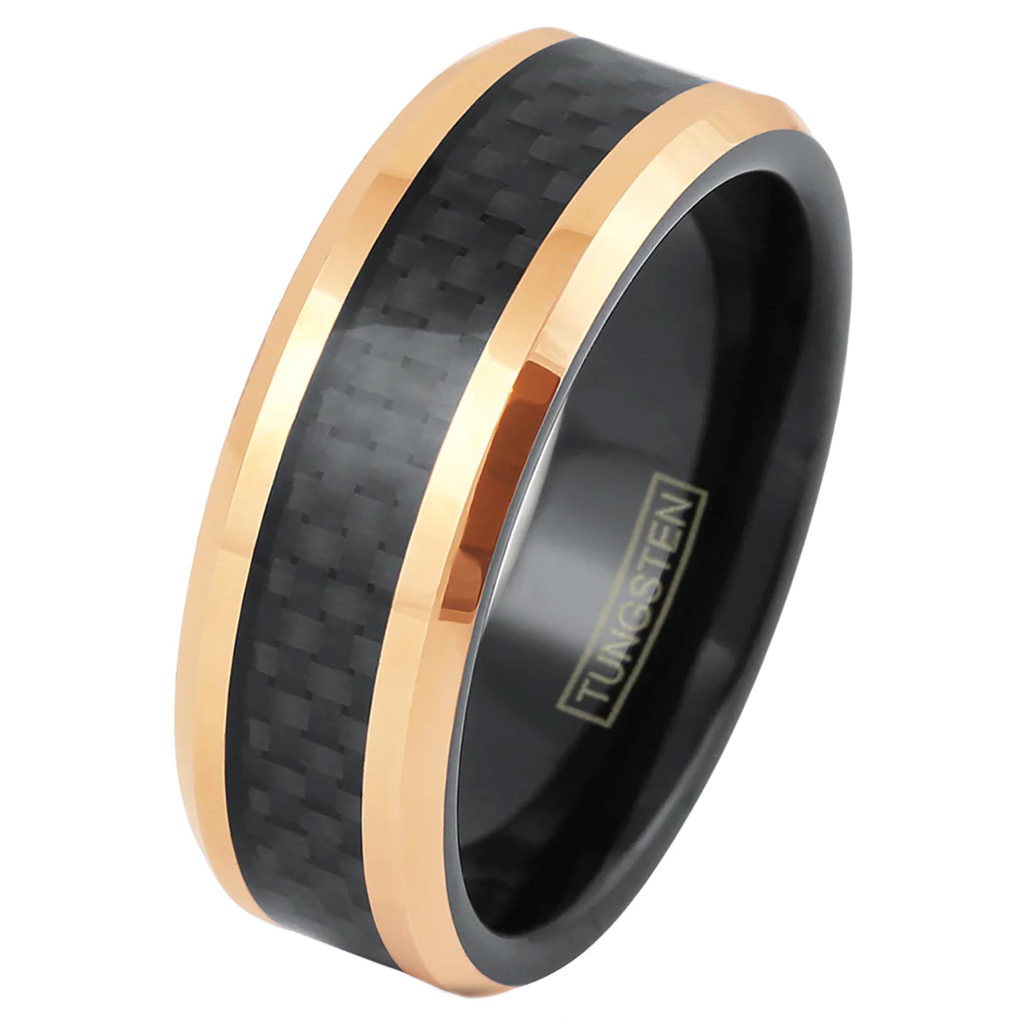 Black Carbon Fiber with Rose Gold Tungsten Ring