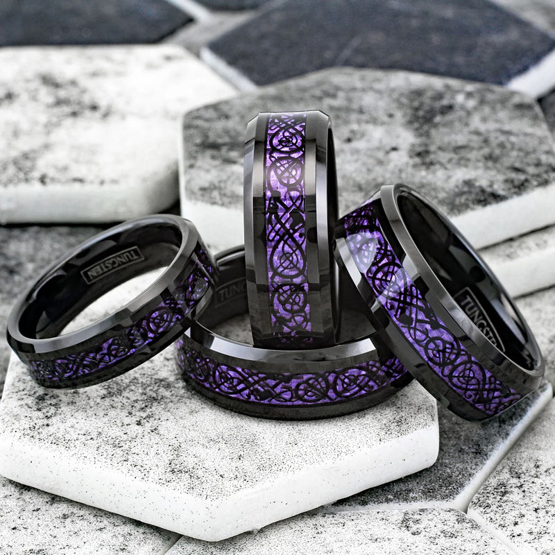 Black Celtic Dragon on Violet Purple Inlay Ring Group View