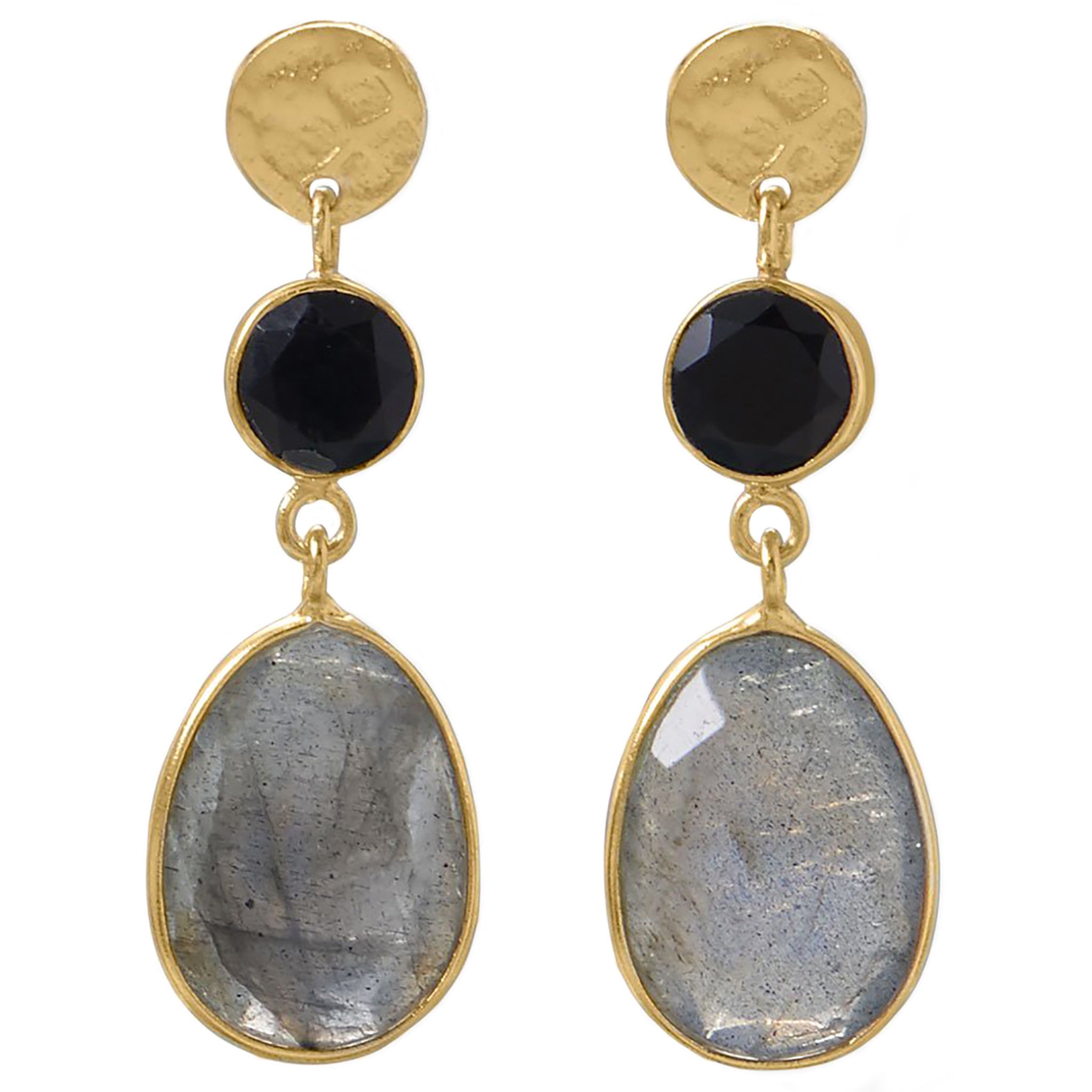 Black Onyx and Labradorite Gold Earrings