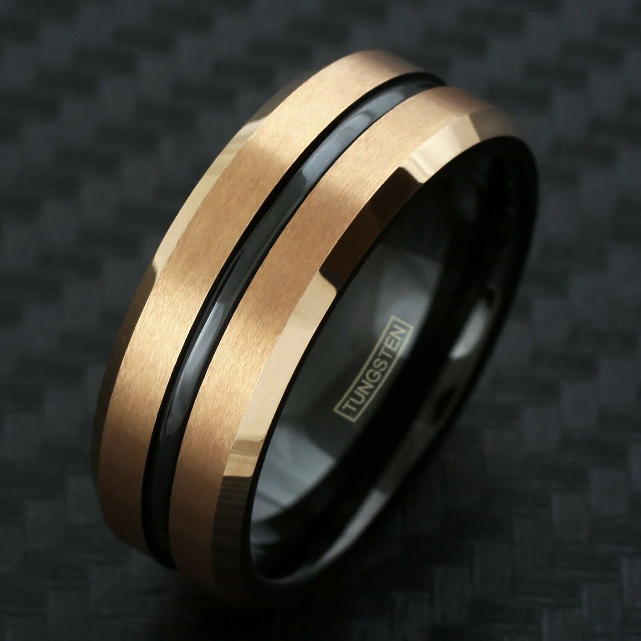 Black Striped with Rose Gold Edged Tungsten Ring Example