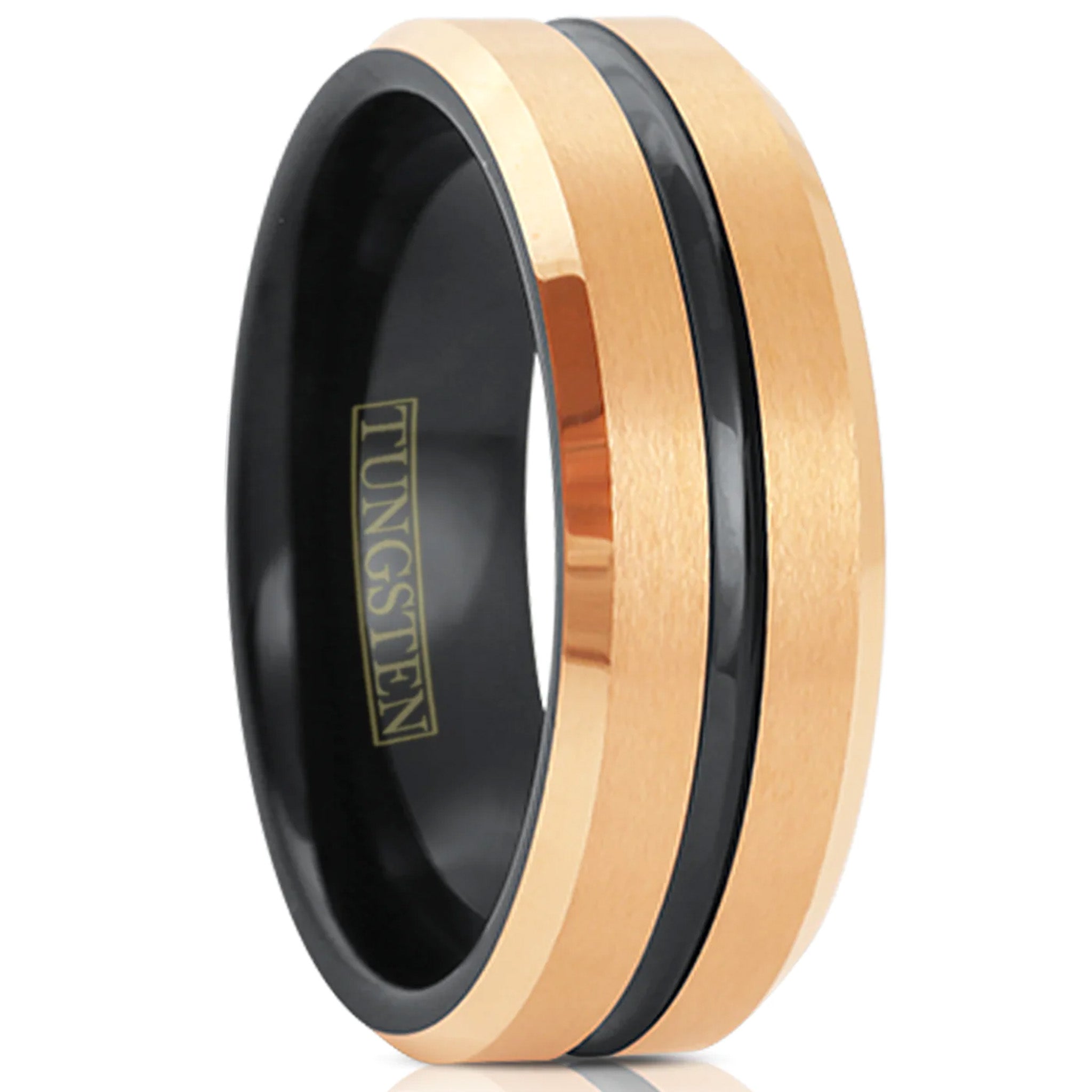 Black Striped with Rose Gold Edged Tungsten Ring