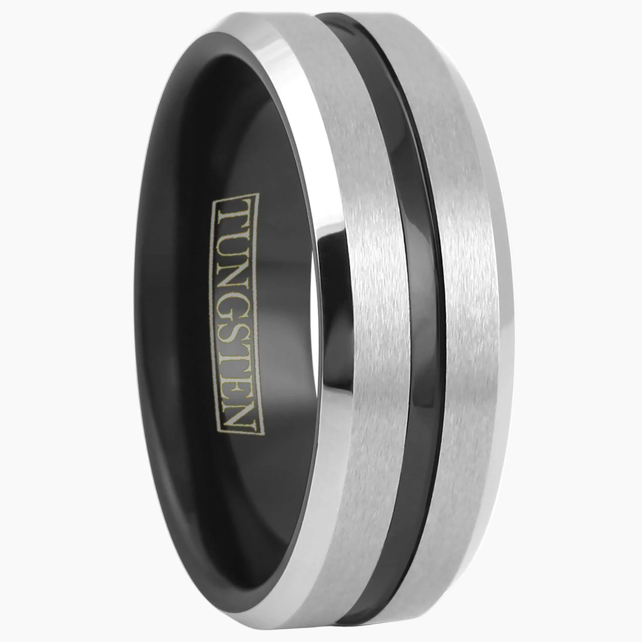 Black Striped with Silver Edged Tungsten Ring