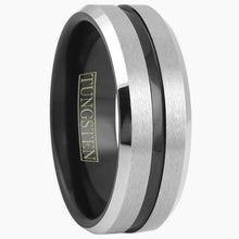 Black Striped with Silver Edged Tungsten Ring