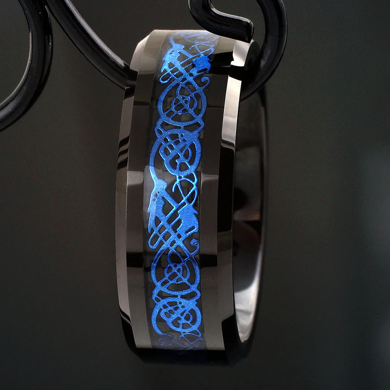 Blue Celtic Dragon on Black Tungsten Ring Front