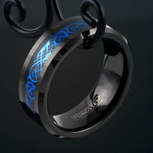 Blue Celtic Dragon on Black Tungsten Ring Side