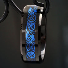 Blue Celtic Dragon on Black Tungsten Ring Front