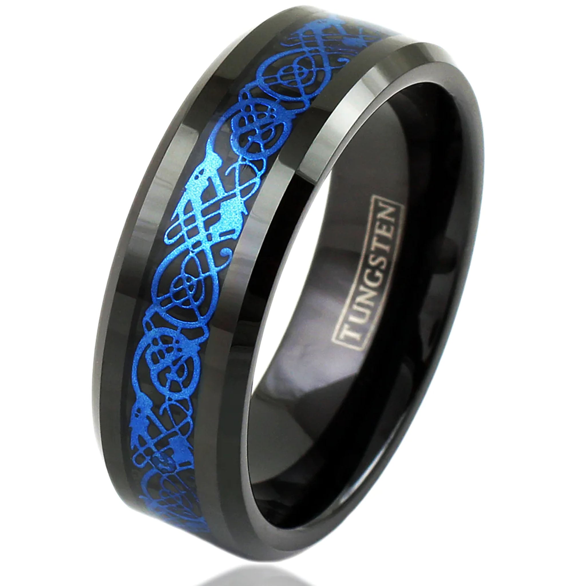 Blue Celtic Dragon on Black Tungsten Ring