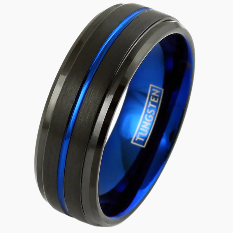 Blue Striped with Black Edged Tungsten Ring