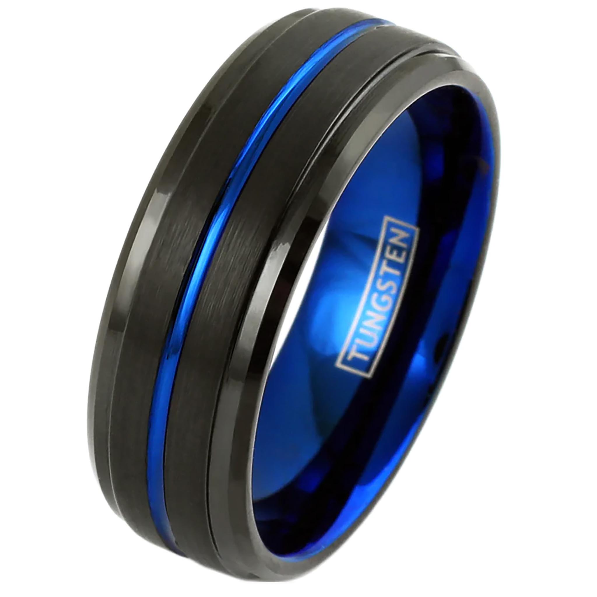 Blue Striped with Black Edged Tungsten Ring