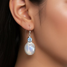 Blue Topaz and Moonstone Earrings On Ear