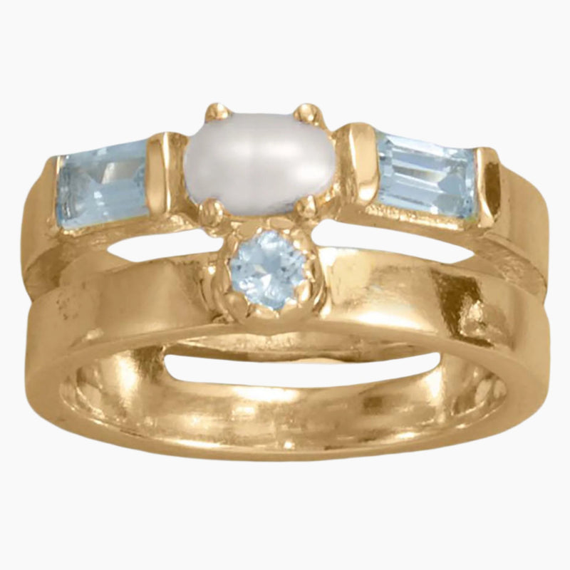 Blue Topaz with Freshwater Pearl Gold Ring