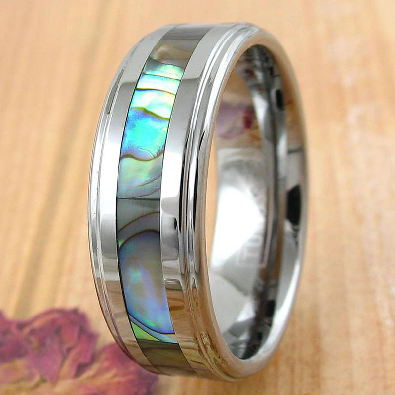 Brilliant Abalone Inlay on Silver Band Tungsten Ring Exapmle