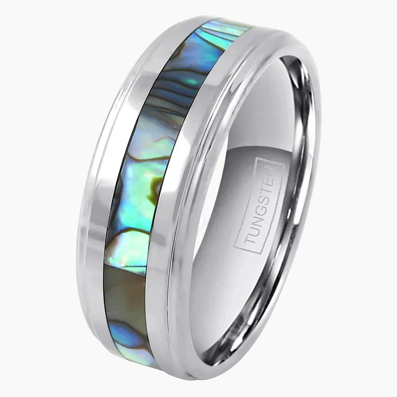Brilliant Abalone Inlay on Silver Band Tungsten Ring