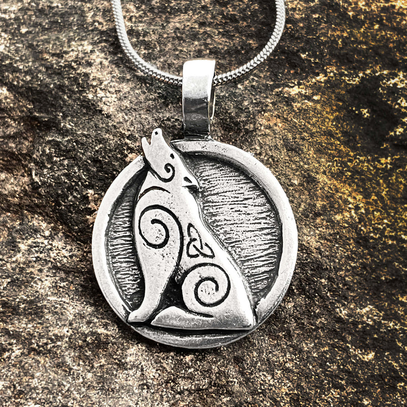 Celtic Spirals Howling Wolf Design Pendant Necklace