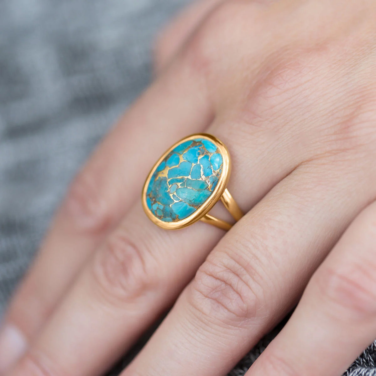 Copper Infused Turquoise Gold Ring On Hand