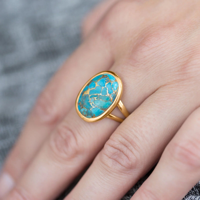 Copper Infused Turquoise Gold Ring On Hand