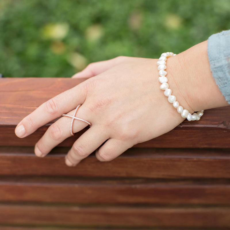 Criss Cross Zirconia Rose Gold Ring On Hand