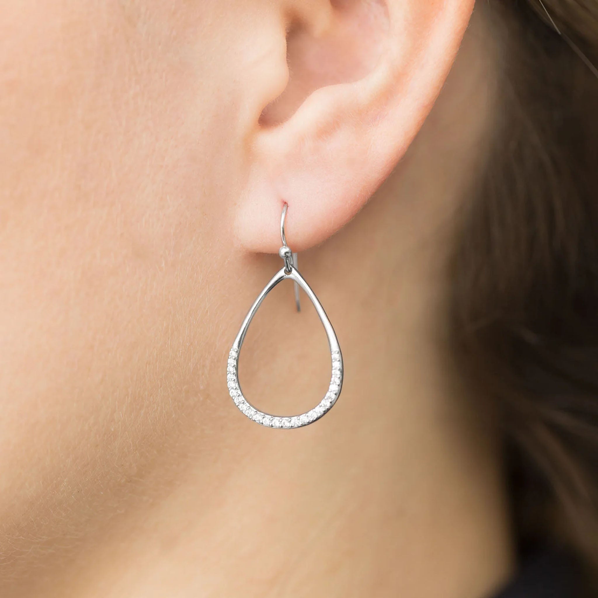 Cubic Zirconia Pear Drop Earrings On Ear