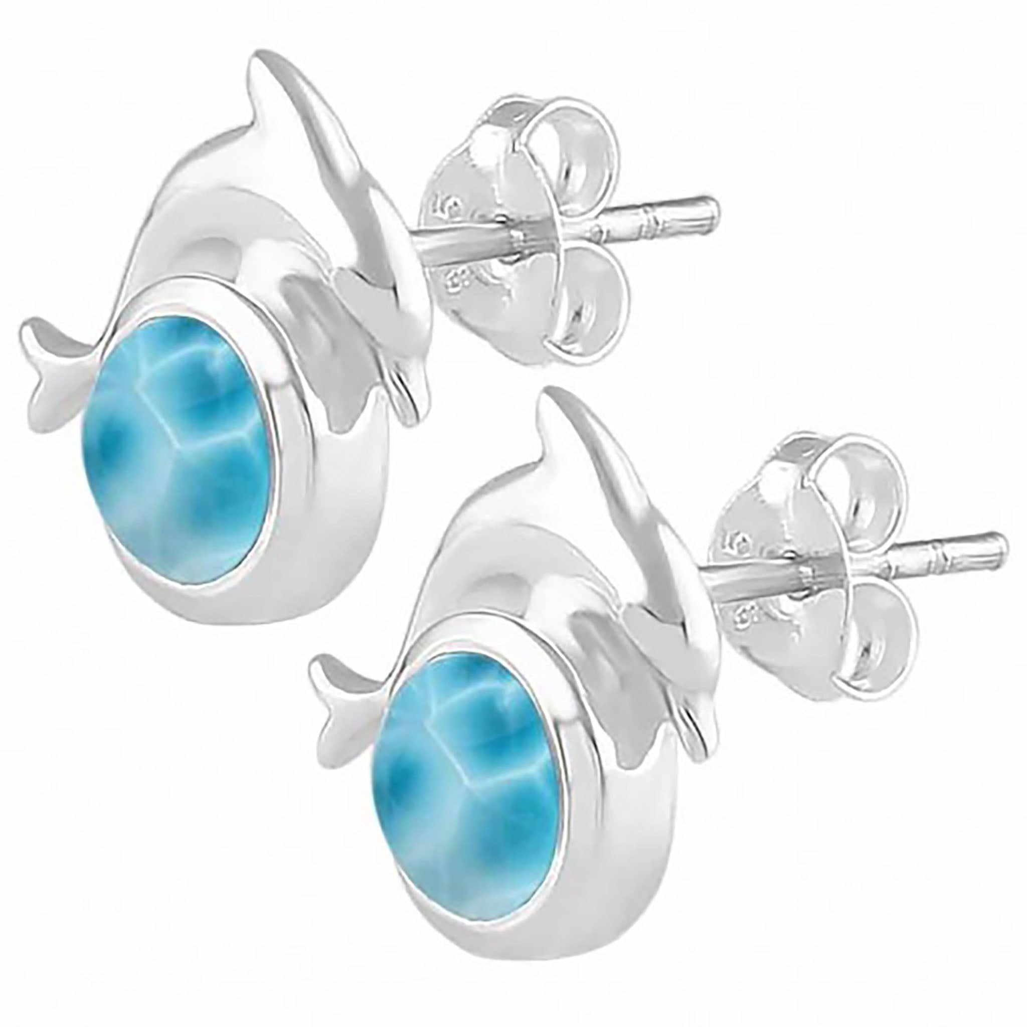 Curved Dolphin Larimar Stud Earrings Side View