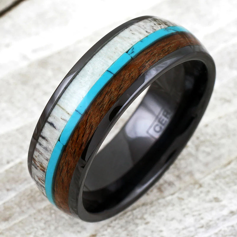 Deer Antler and Koa Wood Silver Tungsten Ring Top View