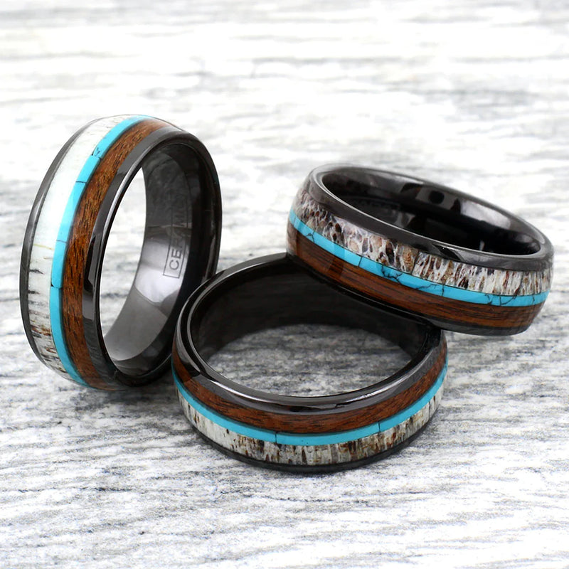 Deer Antler and Koa Wood Silver Tungsten Ring Example